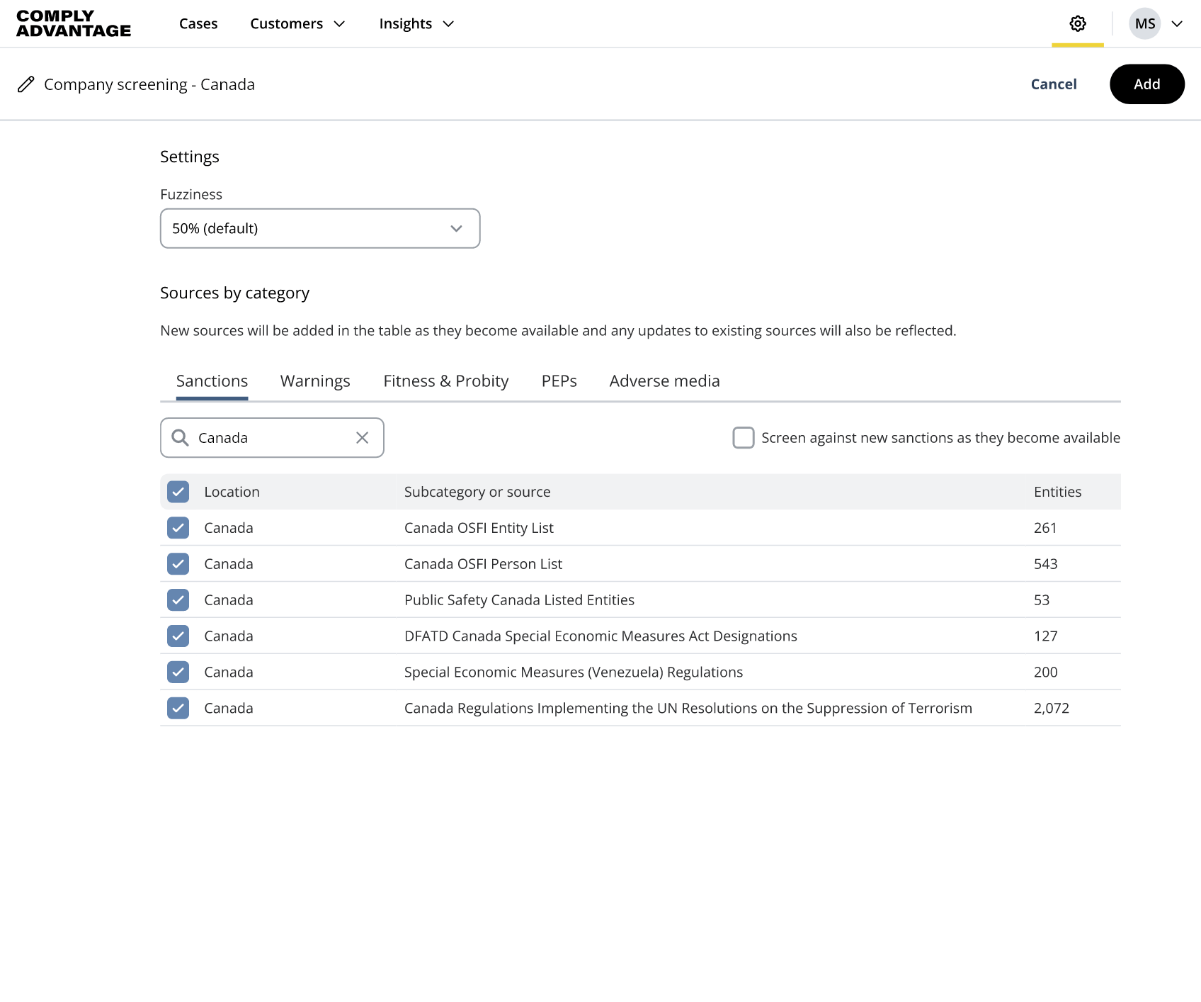 Configure company screening and monitoring to reflect your risk policy including risk scoring.