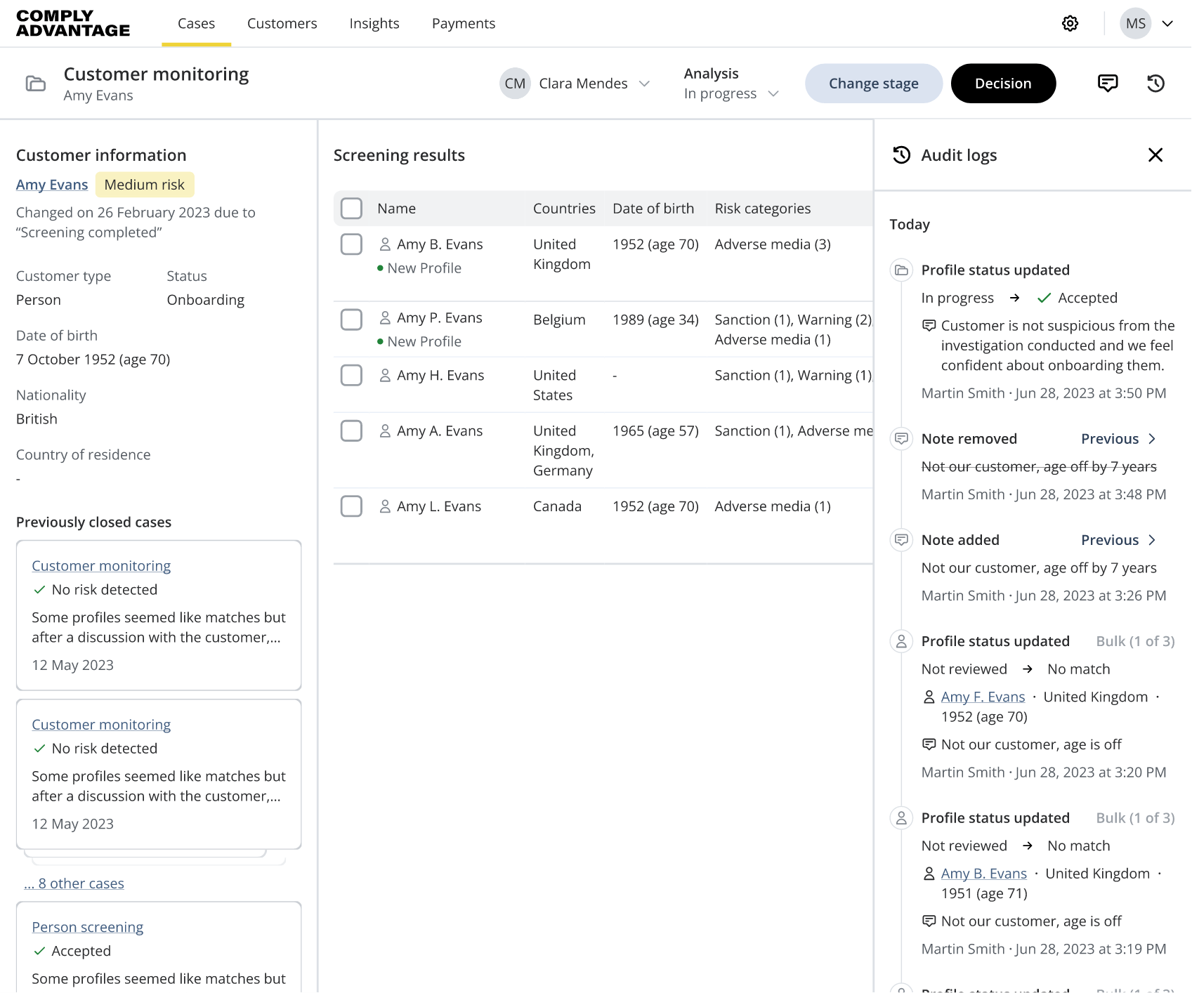 Easily access full screening and decision history for customers and cases.