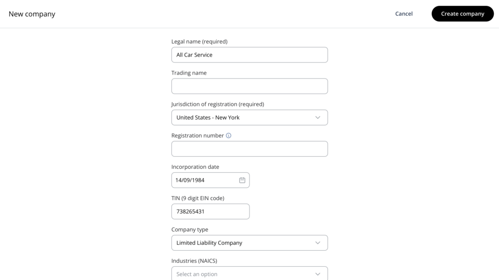 KYB input company details screenshot of product in action